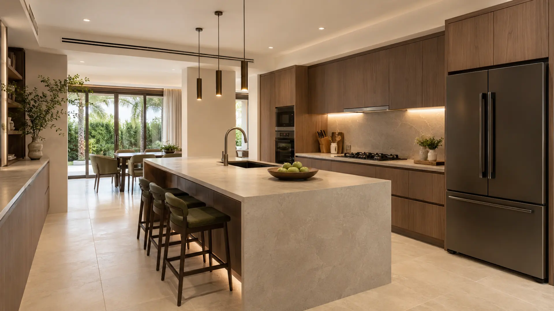 A successful kitchen balances the dynamism of the work, the durability of the materials, and the tranquility of the image. coastal-climate-modern-villa-kitchen