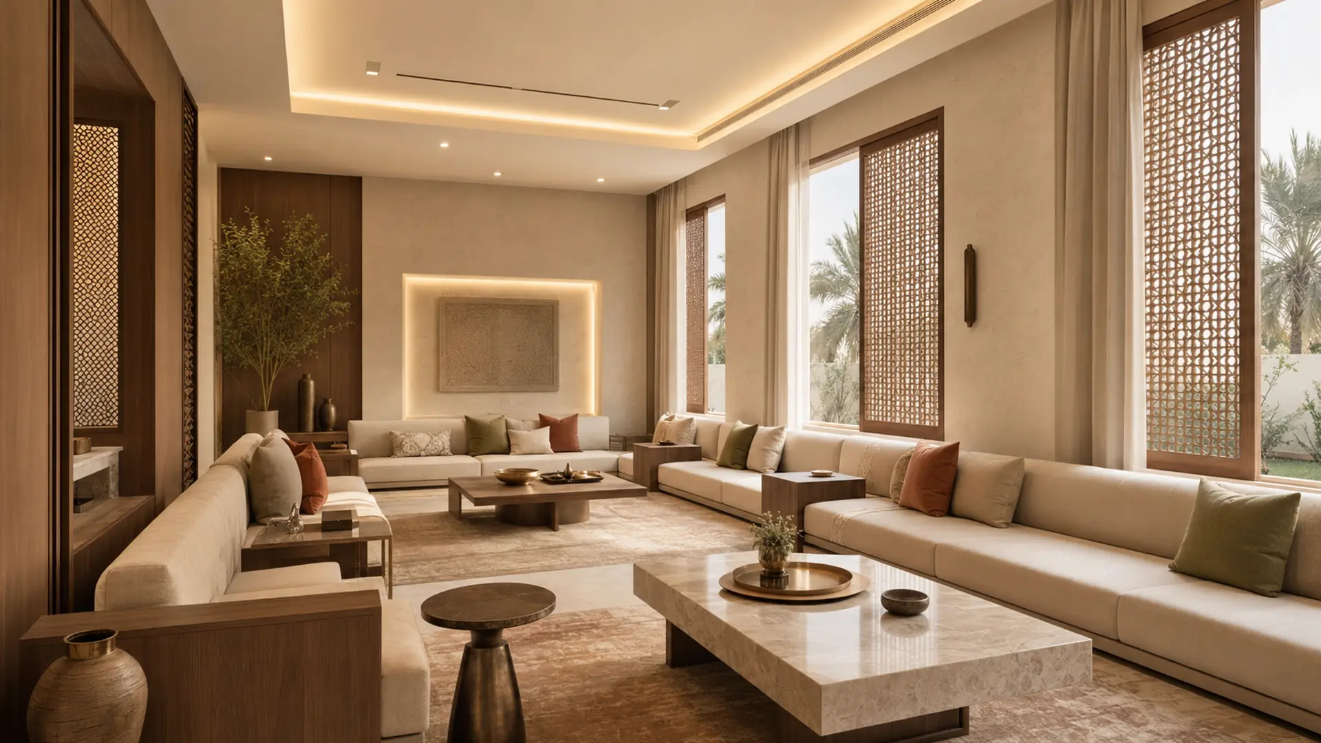 A narrow and carefully considered color palette gives the council a personality without clutter. jeddah-villa-earth-tone-majlis