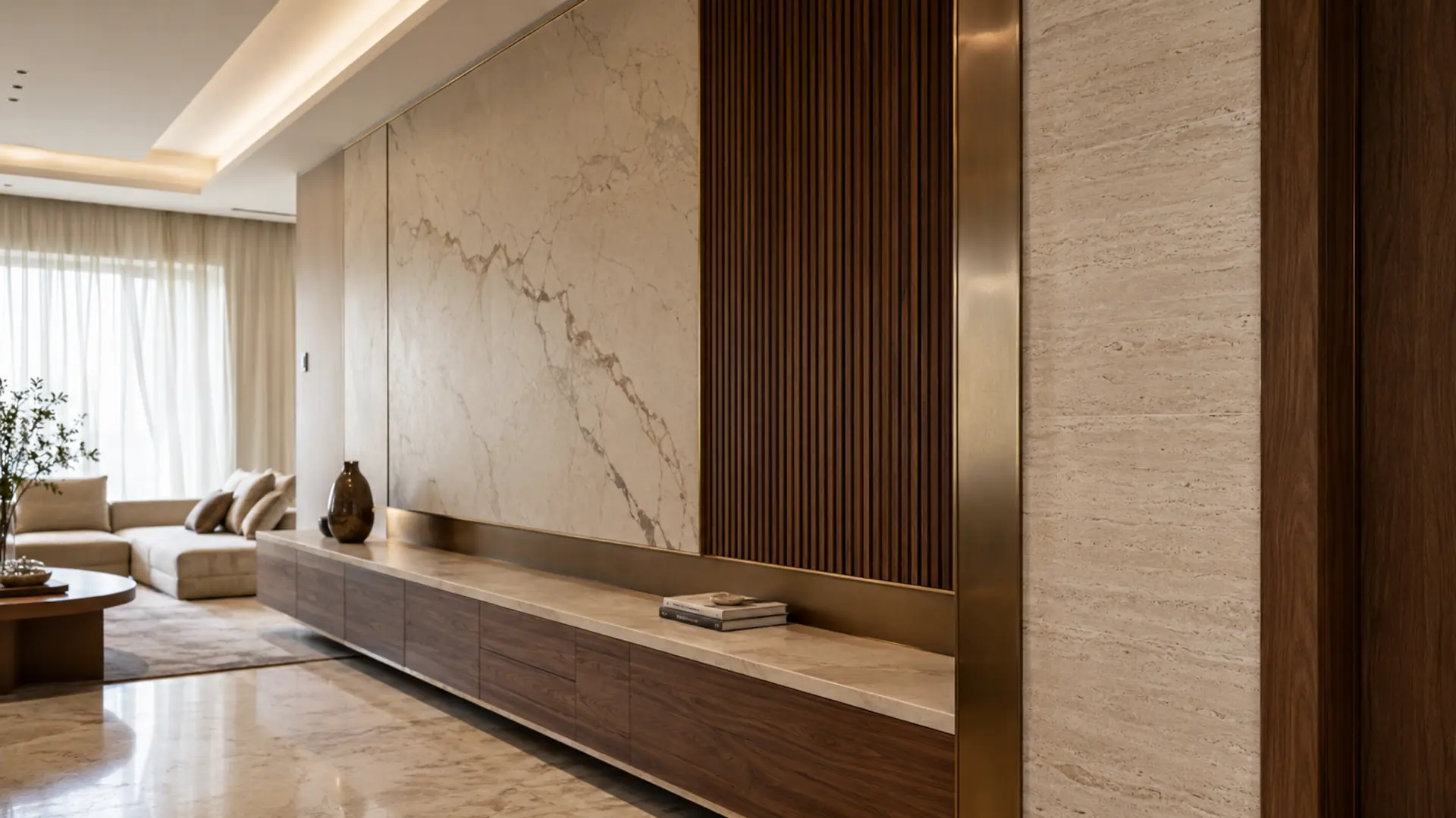 The value of the material is shown in the precision of the surface intersections and the continuity of the lines. jeddah-villa-marble-walnut-materials