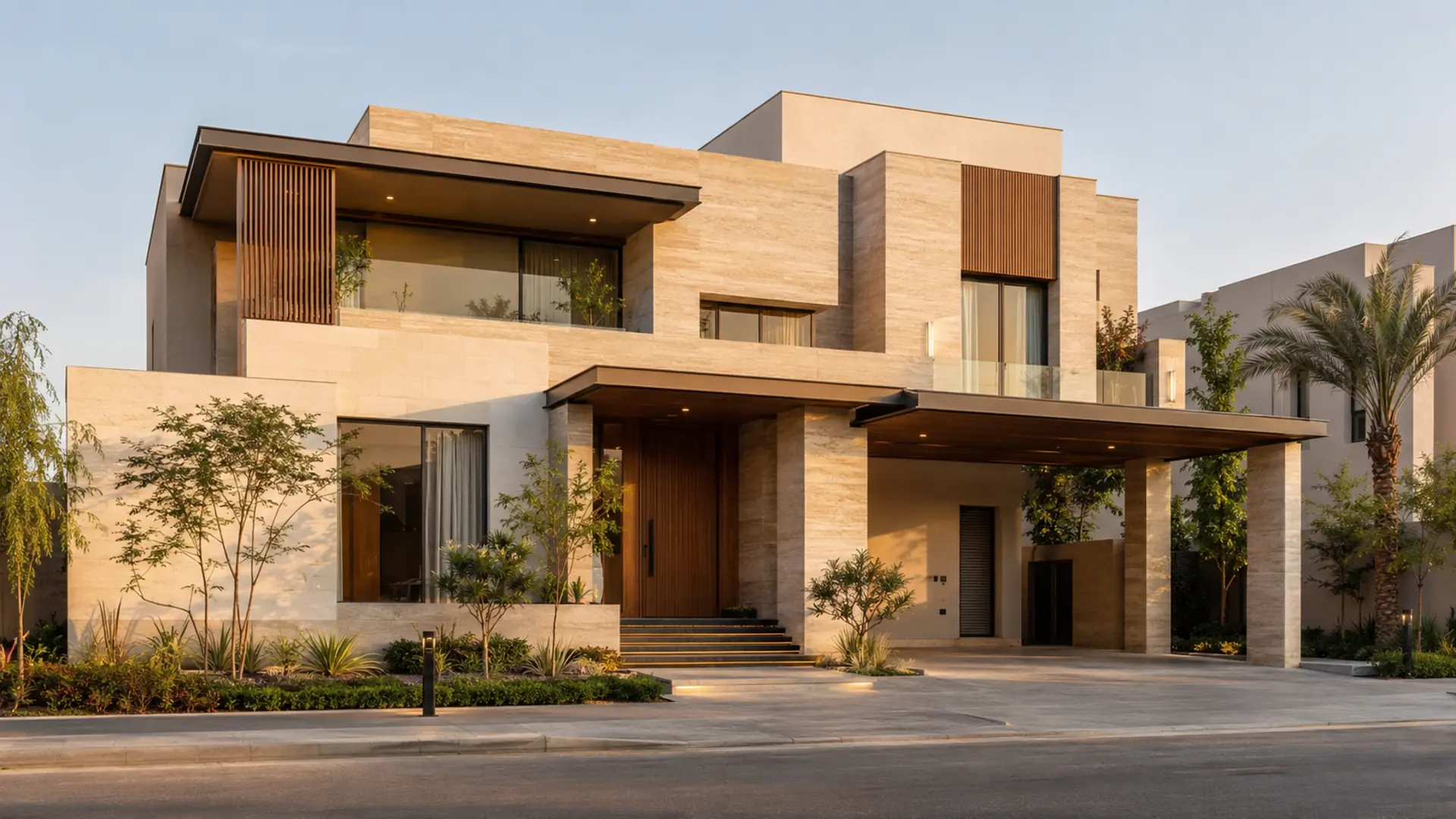 Climate is part of the architectural decision; no detail comes after the design. modern-jeddah-villa-exterior-golden-hour