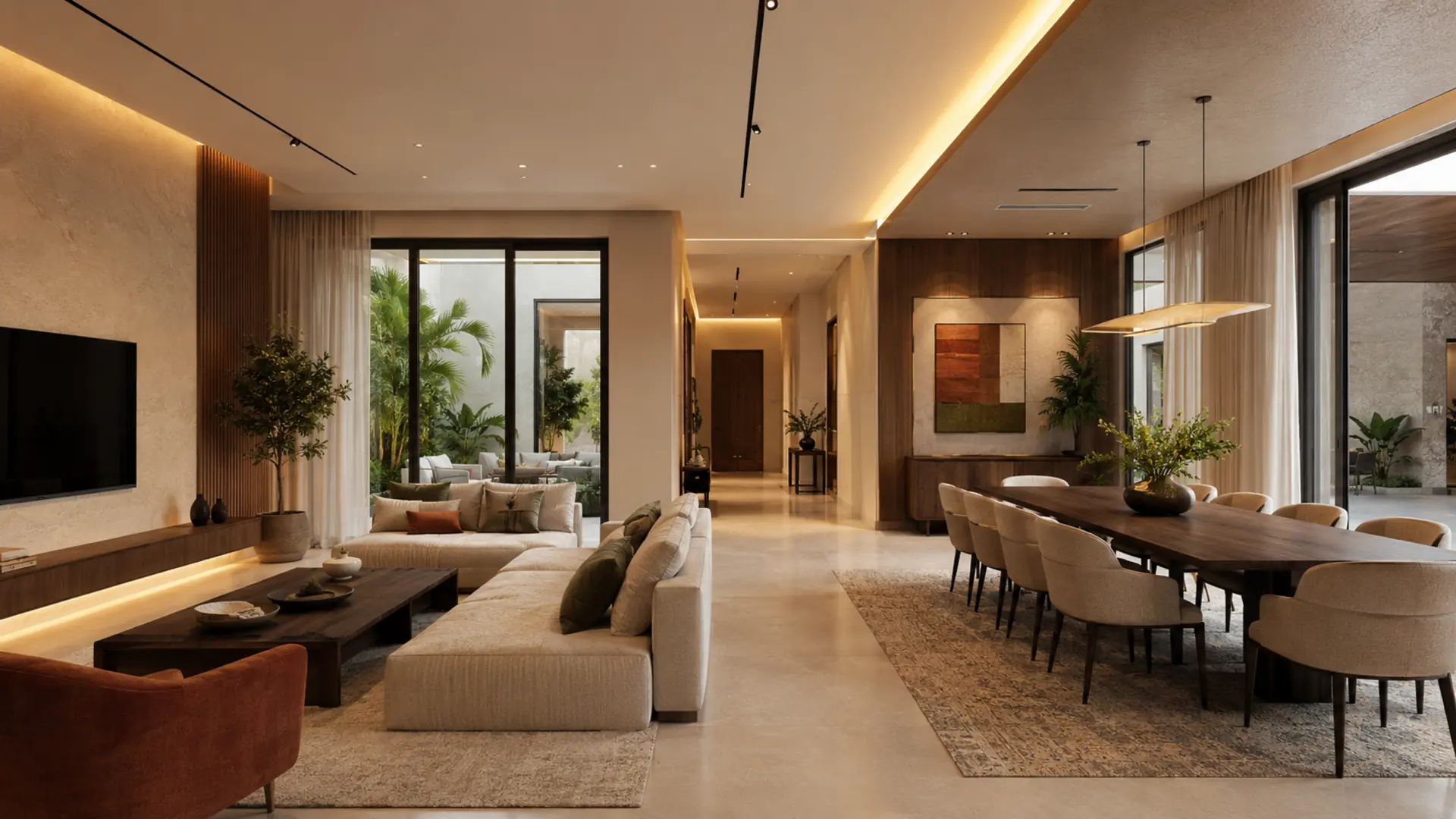 Once the planning is finalized, lighting, materials, and furniture become interconnected decisions. open-plan-jeddah-villa-living-dining