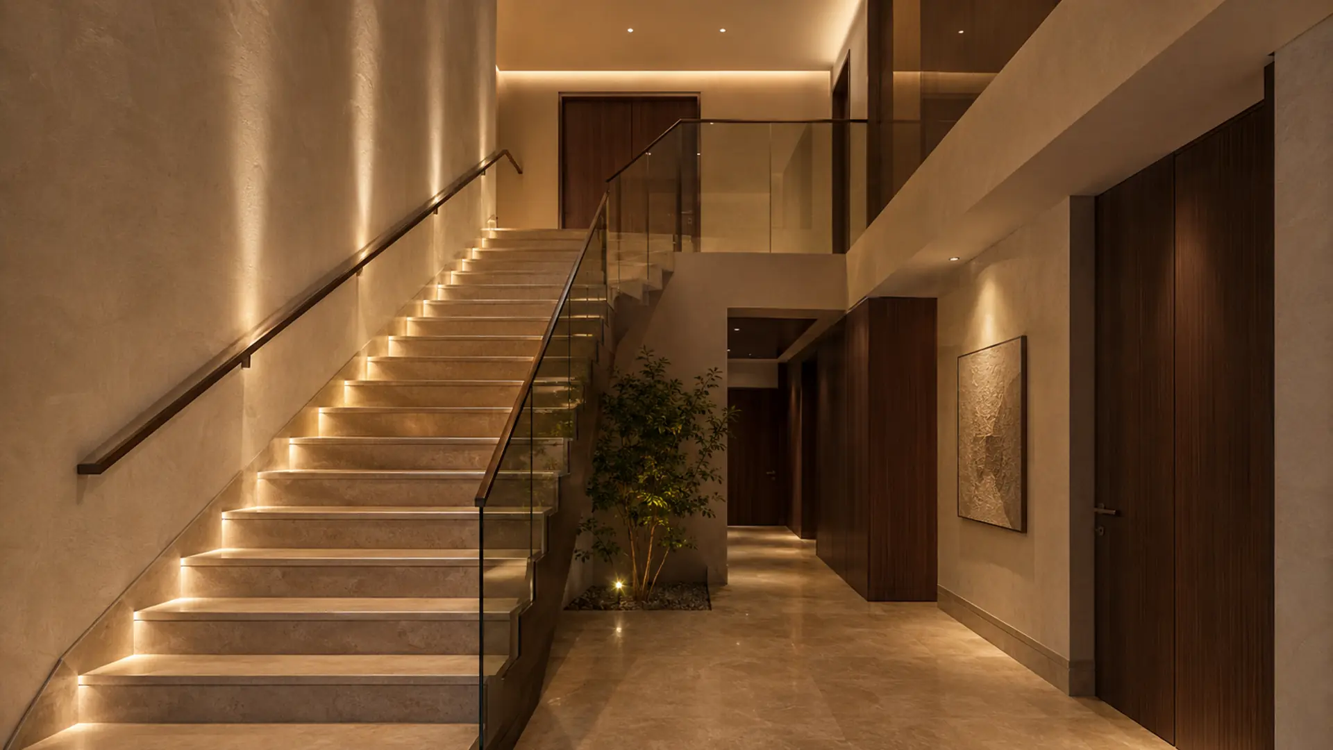 Successful lighting defines the path and highlights the material at the same time. warm-lit-modern-villa-staircase