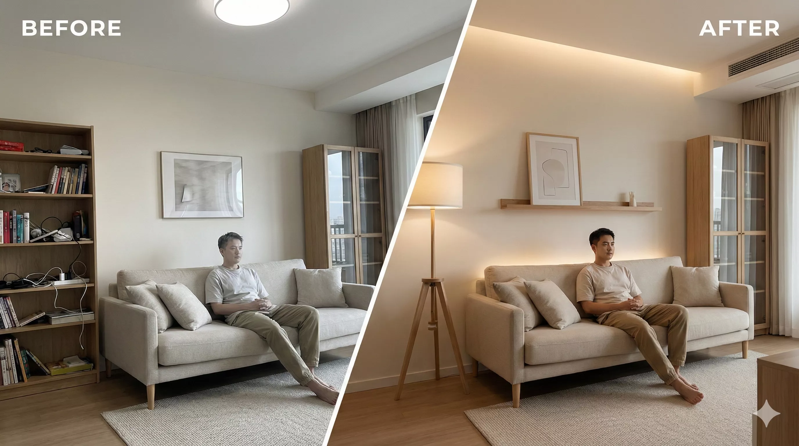 Lighting transformation before and after